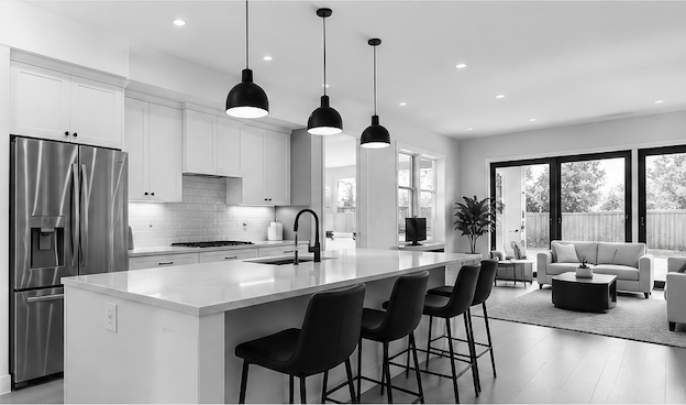 Bright renovated kitchen and living room in monochrome